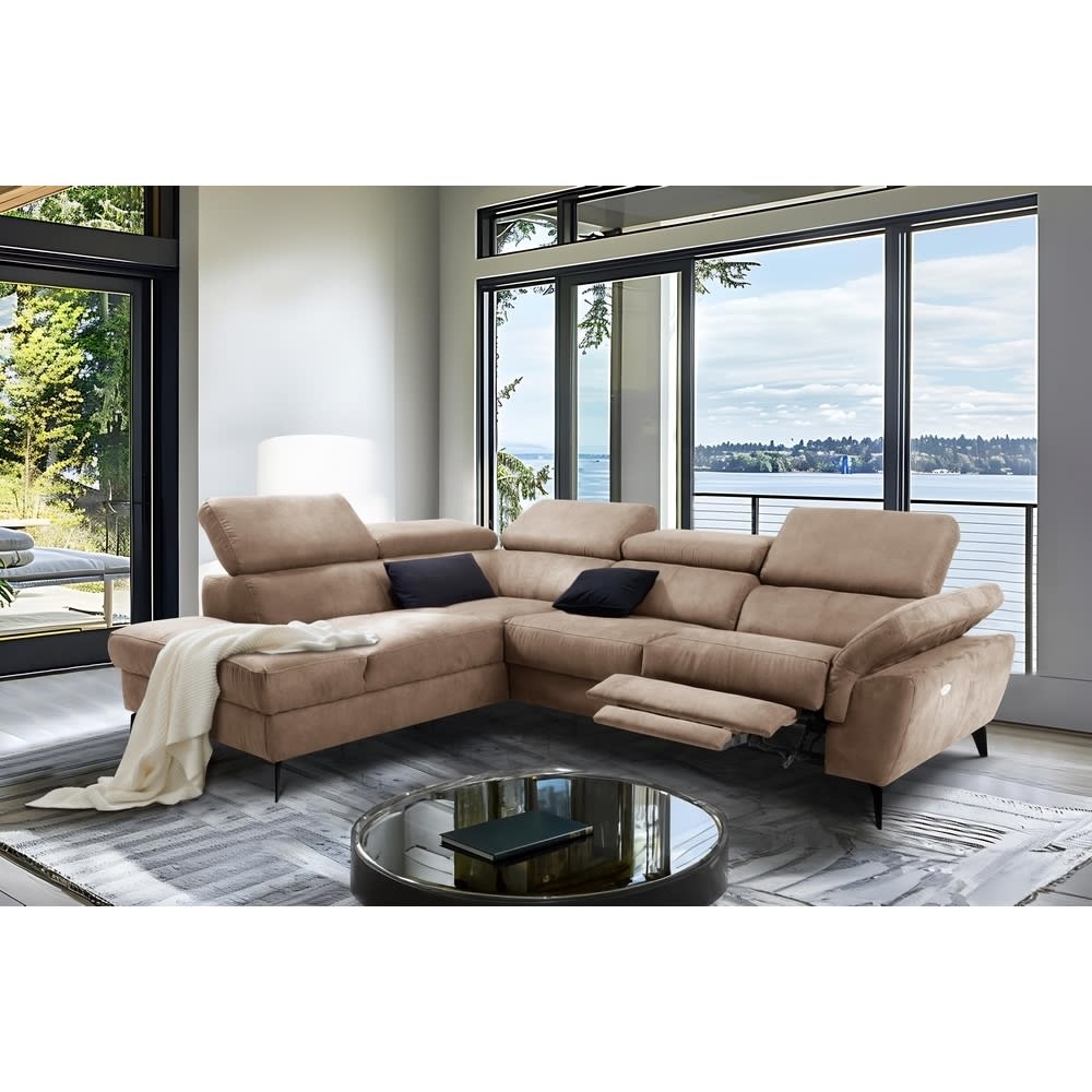Canapé d'angle gauche relax électrique tissu marron 5 places