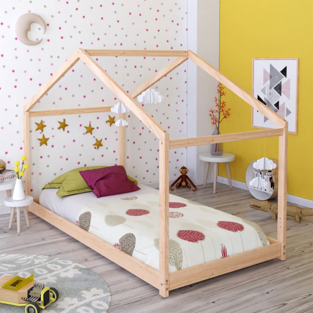 Lit cabane 90x190 sommier inclus beige (Weber industries) - Image 1