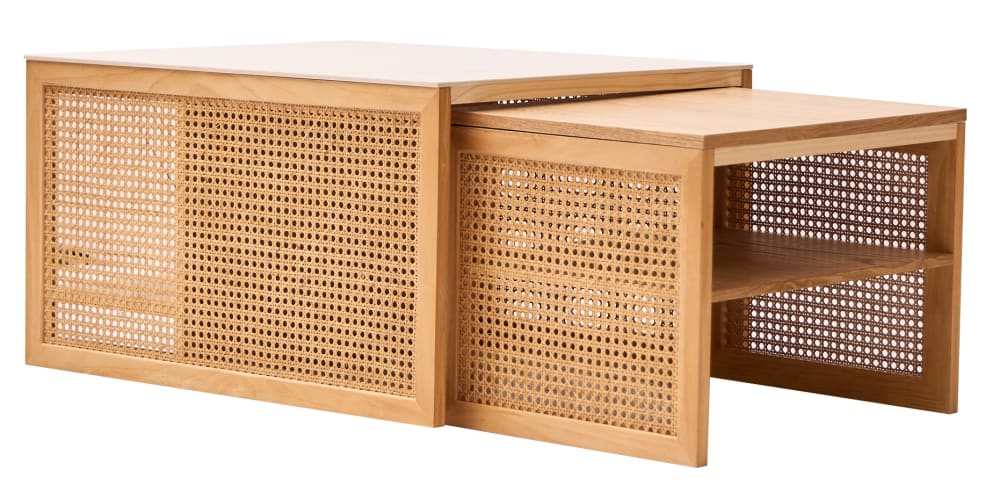 Set de 2 tables basses gigognes en rotin et plateau effet marbre - Maisons du Monde