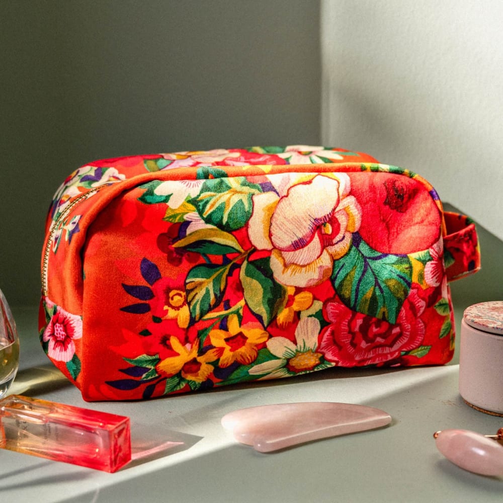 Trousse de toilette velours, 24x16x9 cm, imprimé fleuri orange - Maisons du Monde