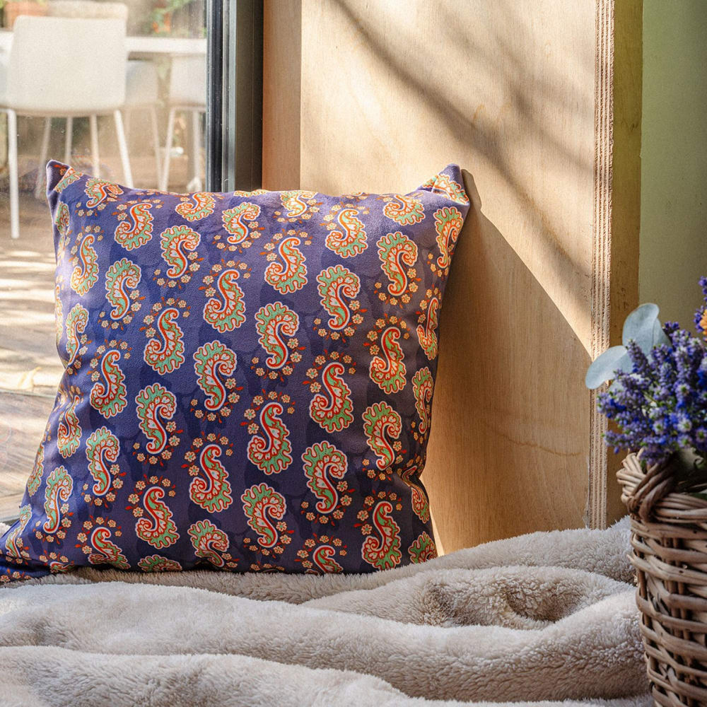 Housse de coussin velours, 45x45 cm, motif graphique indien violet - Maisons du Monde