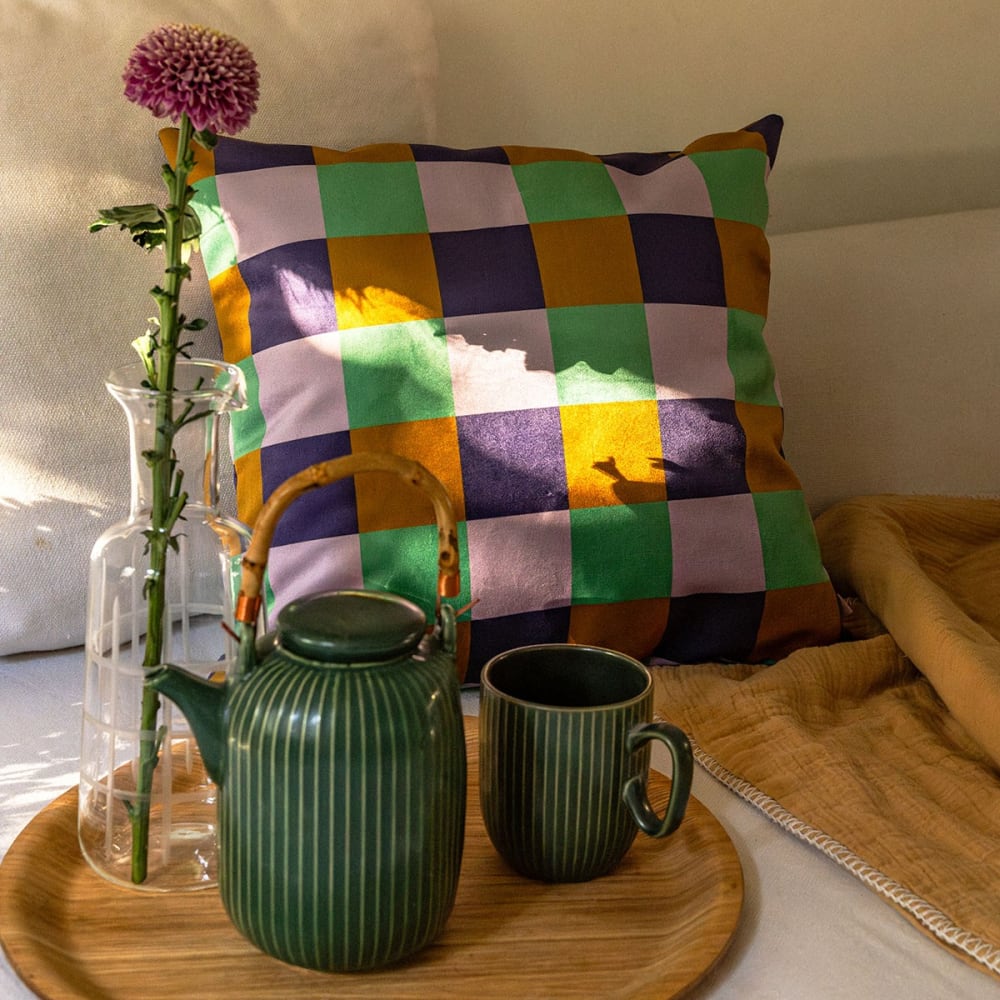 Housse de coussin velours, 45x45 cm, motif carreaux doré - Maisons du Monde