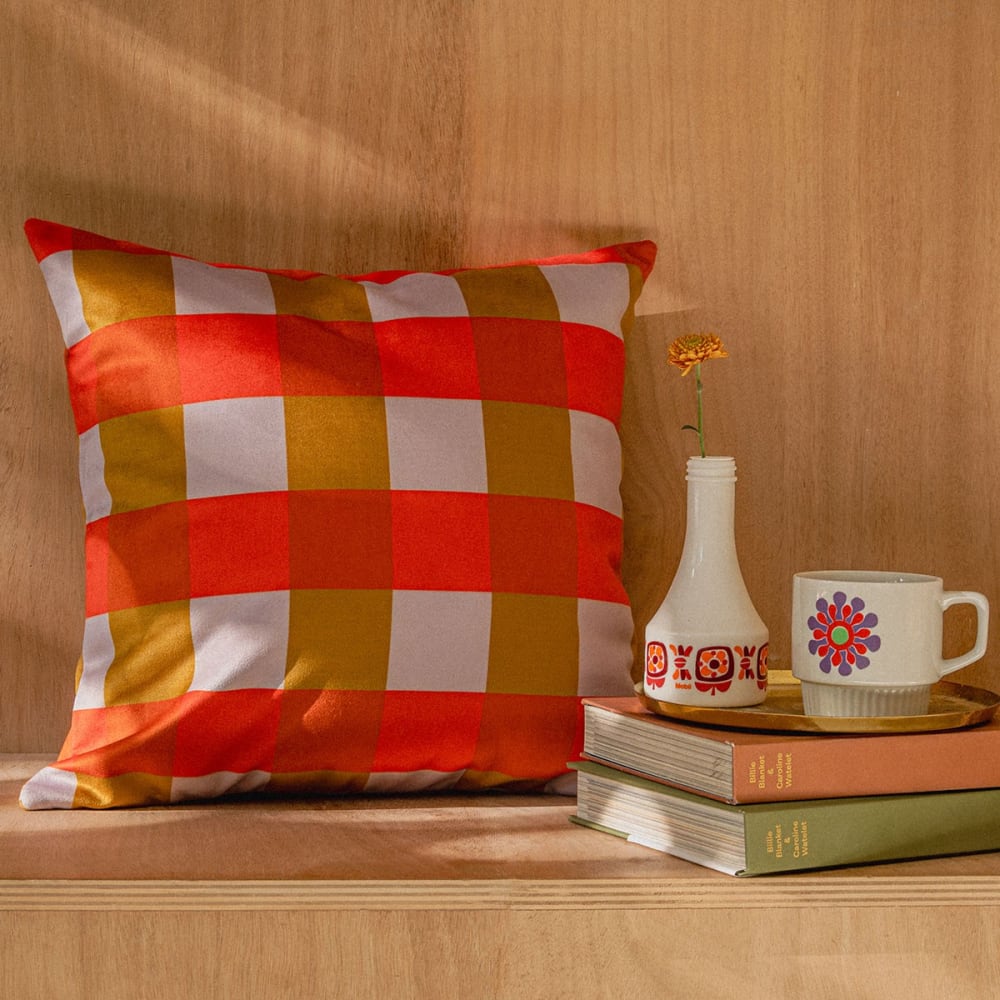 Housse de coussin velours, 45x45 cm, motif carreaux orange - Maisons du Monde