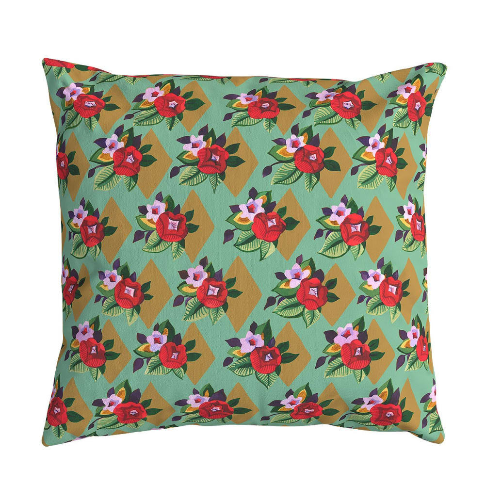 Vent de Bohème Housse de coussin velours, 45x45 cm, motif fleuri vert style classique chic