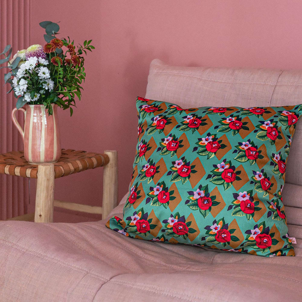 Housse de coussin velours, 45x45 cm, motif fleuri vert - Maisons du Monde