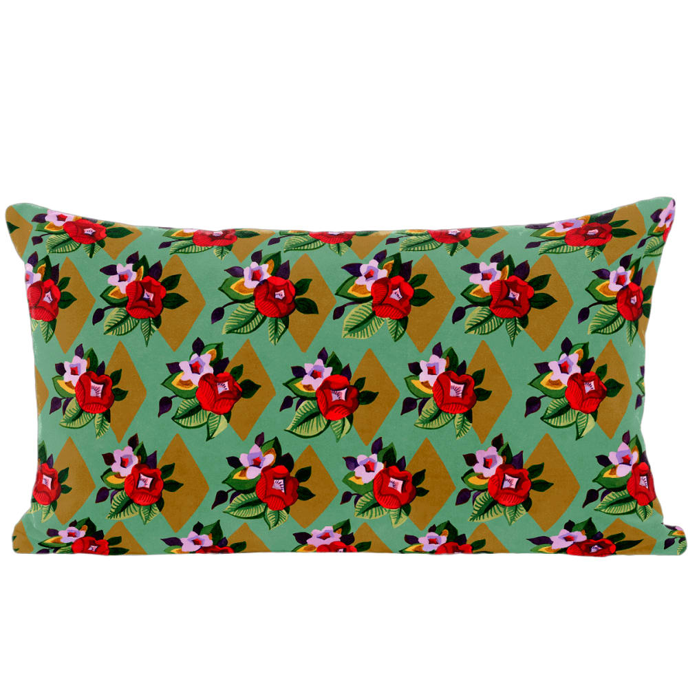 Housse de coussin velours fleuri vert 30x50 cm