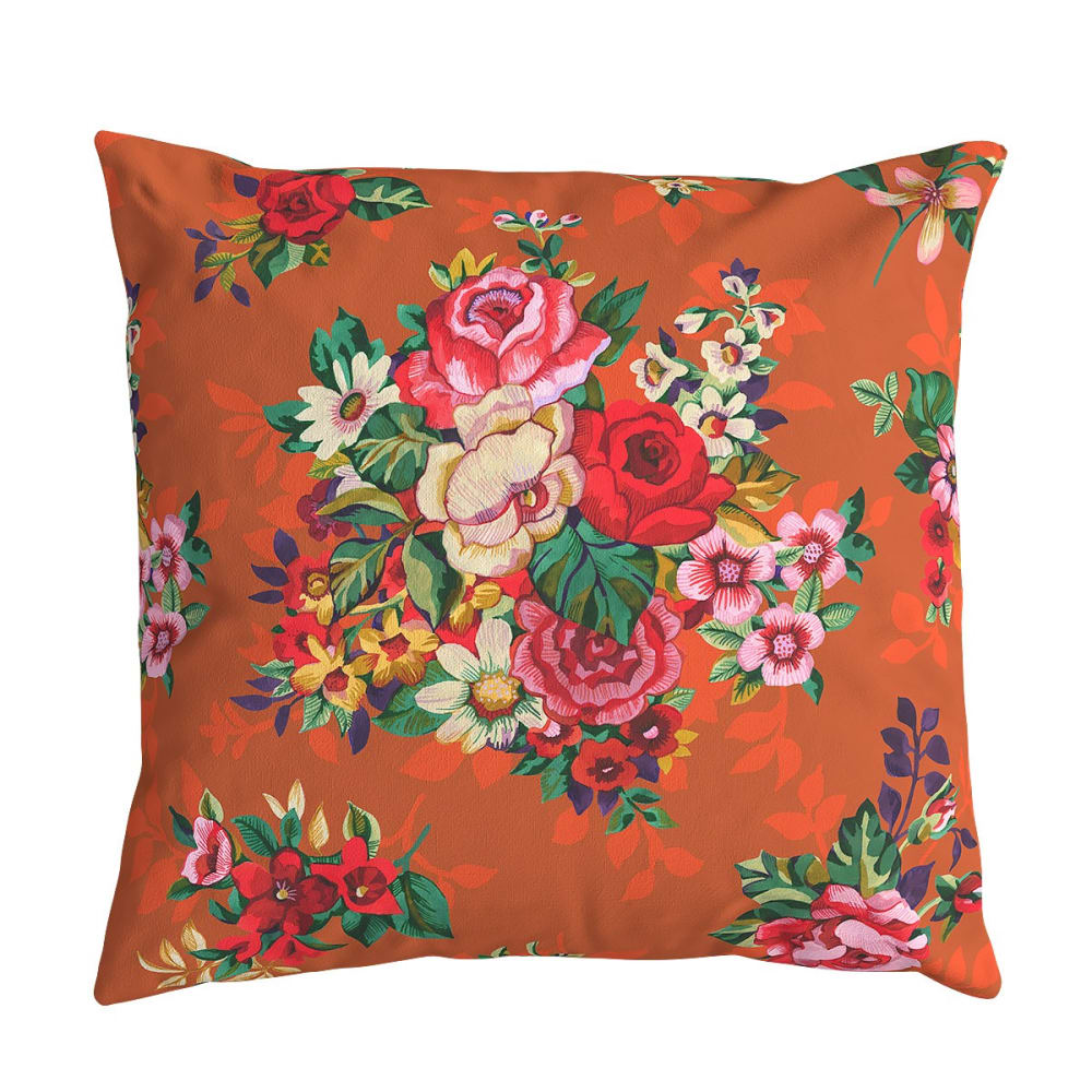 Housse de coussin velours fleuri orange 45x45 cm