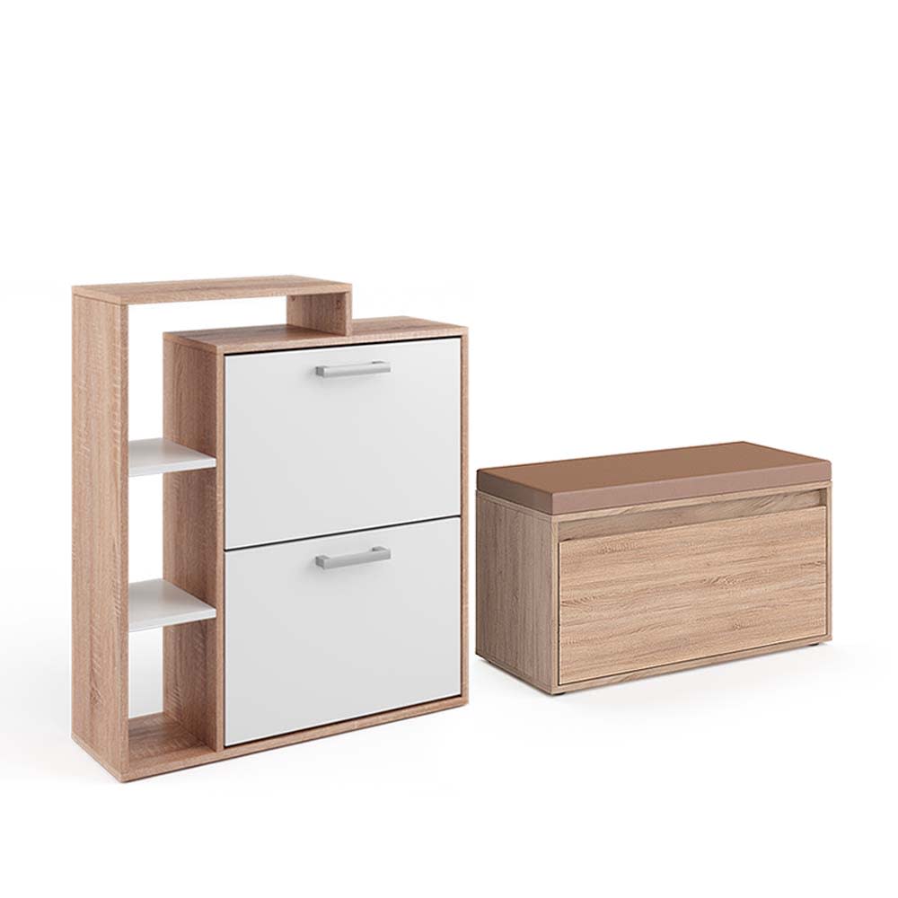 Vicco Schuhkipper 2 Teile, mit Sitzbank, Sonoma 80 x 90 cm style modern Braun Spanplatte