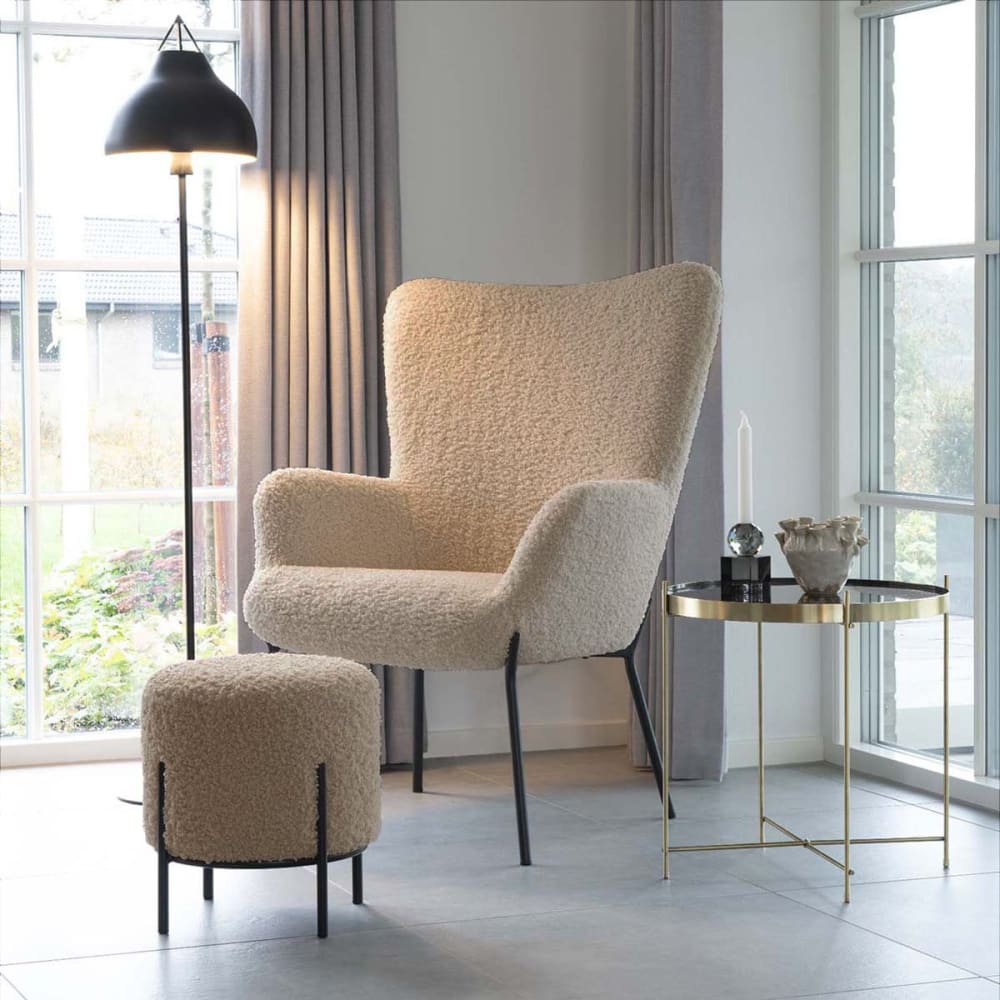 Repose-pieds rond imitation laine beige et pieds acier - Maisons du Monde