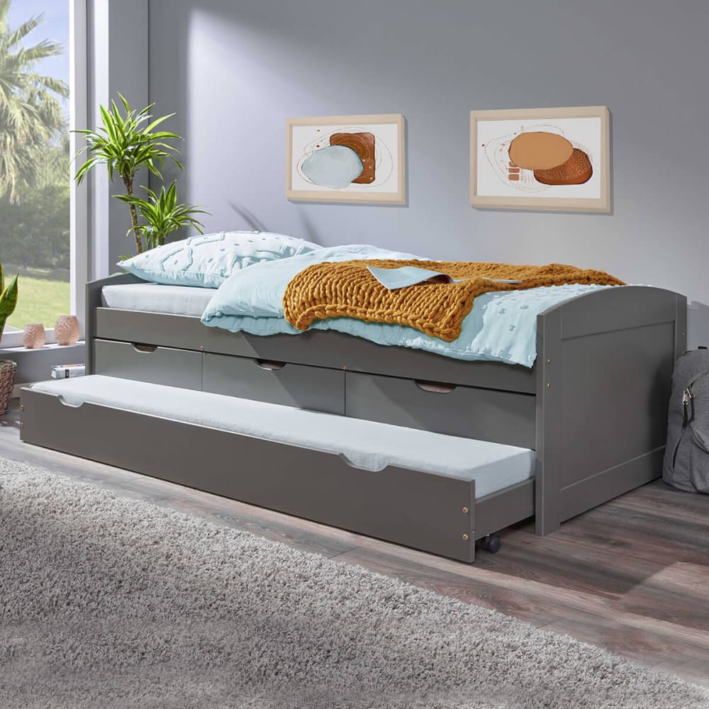 Lit gigogne 90x200cm + 3 tiroirs vernis gris - Maisons du Monde