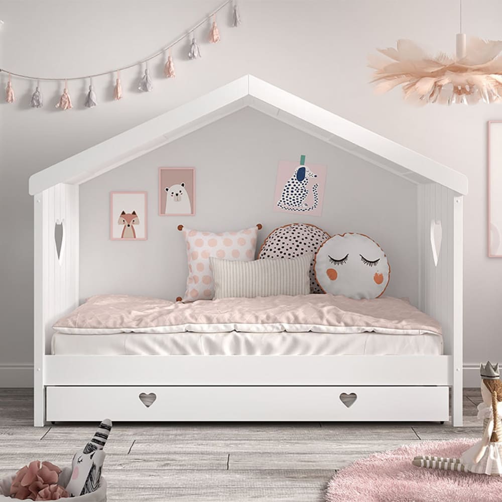 Lit cabane ouvert 90x200cm blanc avec tiroir de lit