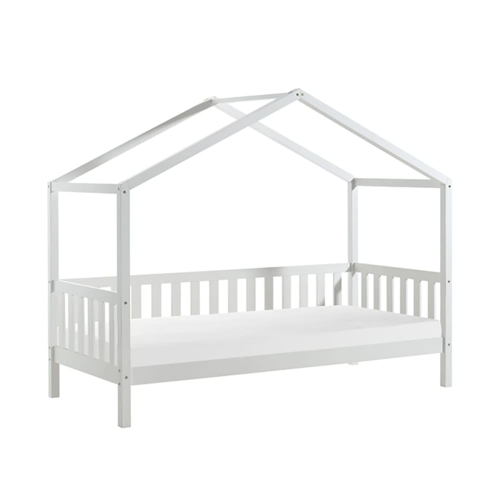 Lit maison à barrières 90x200cm pin Bbanc + matelas