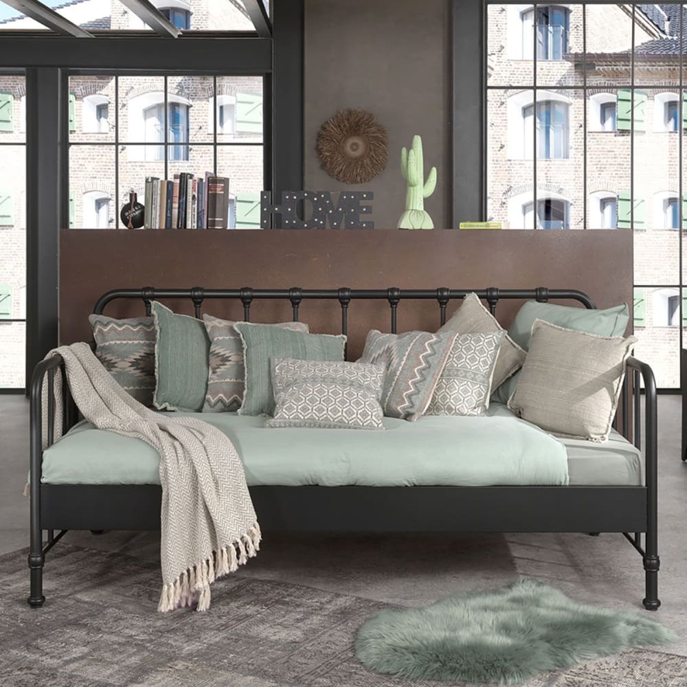 Lit banquette à barreaux 90x200cm métal noir