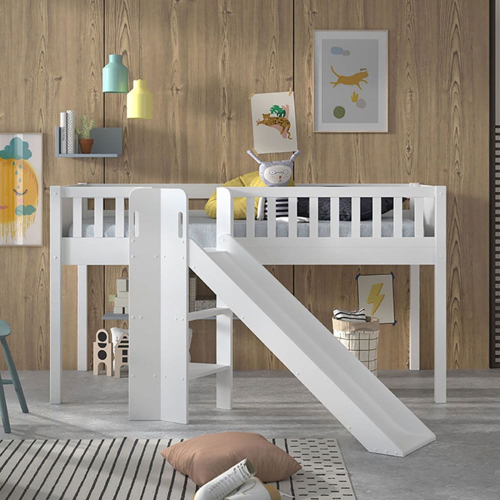 Lit mi-haut en pin laqué blanc 90x200cm avec tobogan - Maisons du Monde
