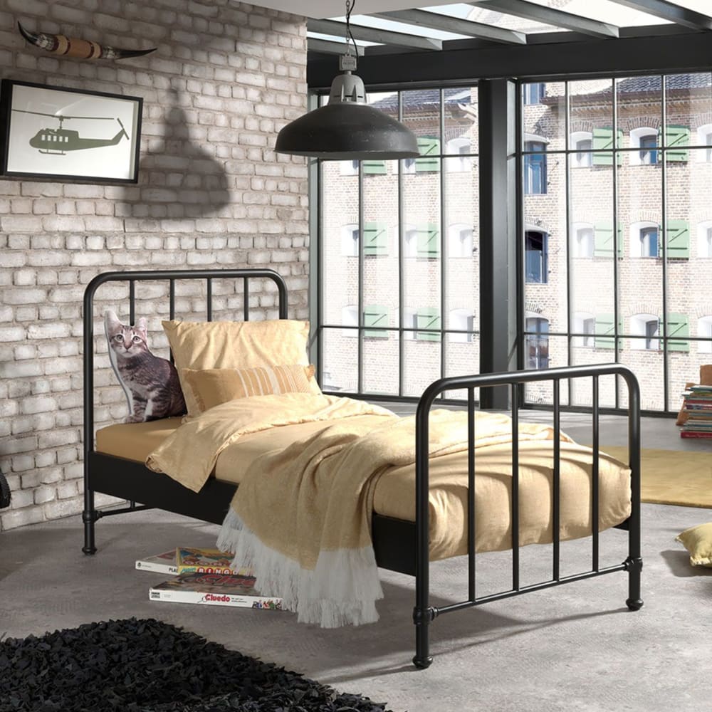 Lit à barreaux 90x200cm métal poudré noir