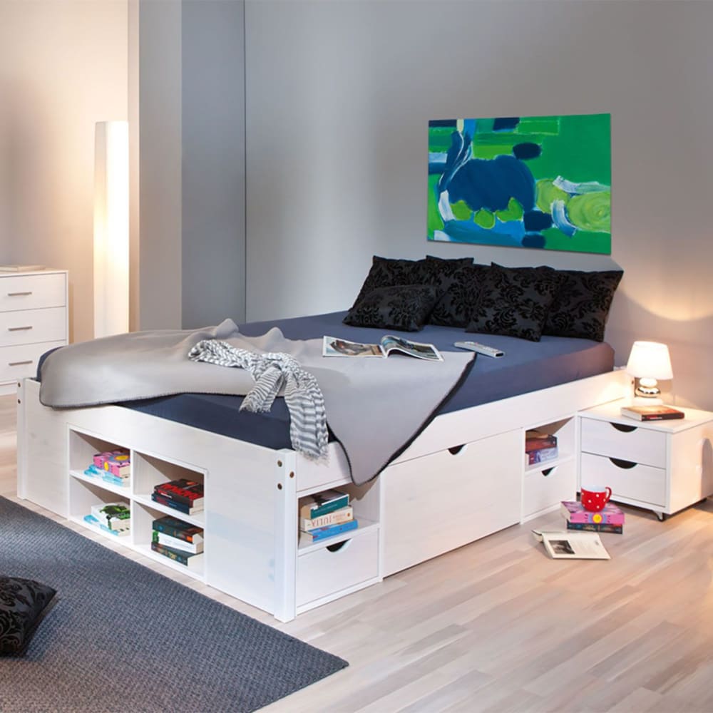 Lit 160x200cm multi-rangement vernis blanc - Maisons du Monde