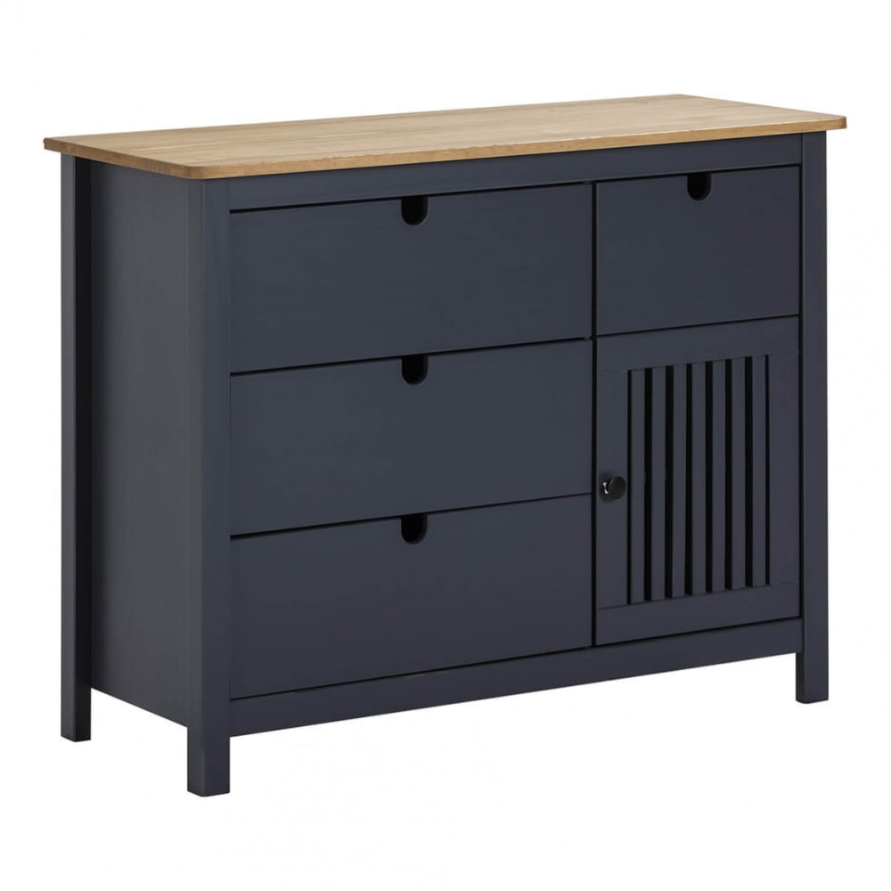 Commode 4 tiroirs 1 porte bois ciré et gris foncé
