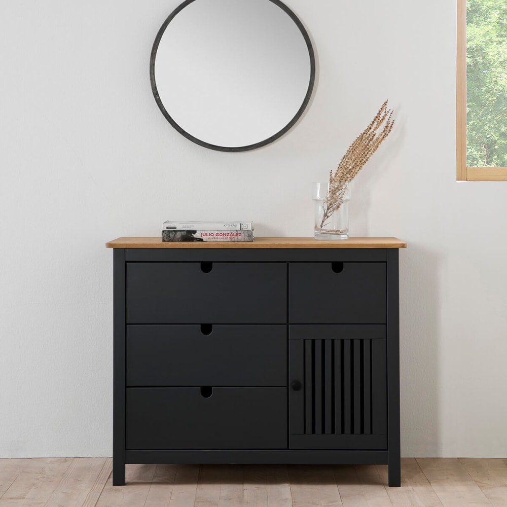 Commode 4 tiroirs 1 porte bois ciré et gris foncé - Maisons du Monde