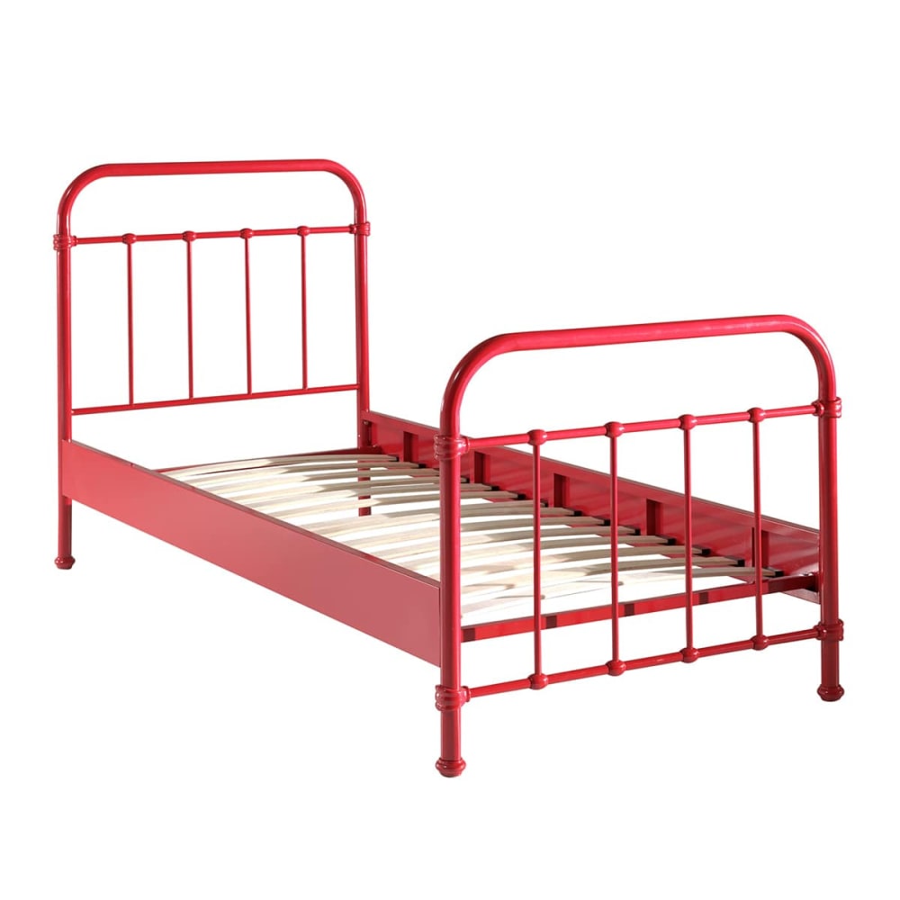 Lit à barreaux 90x200cm en métal rouge