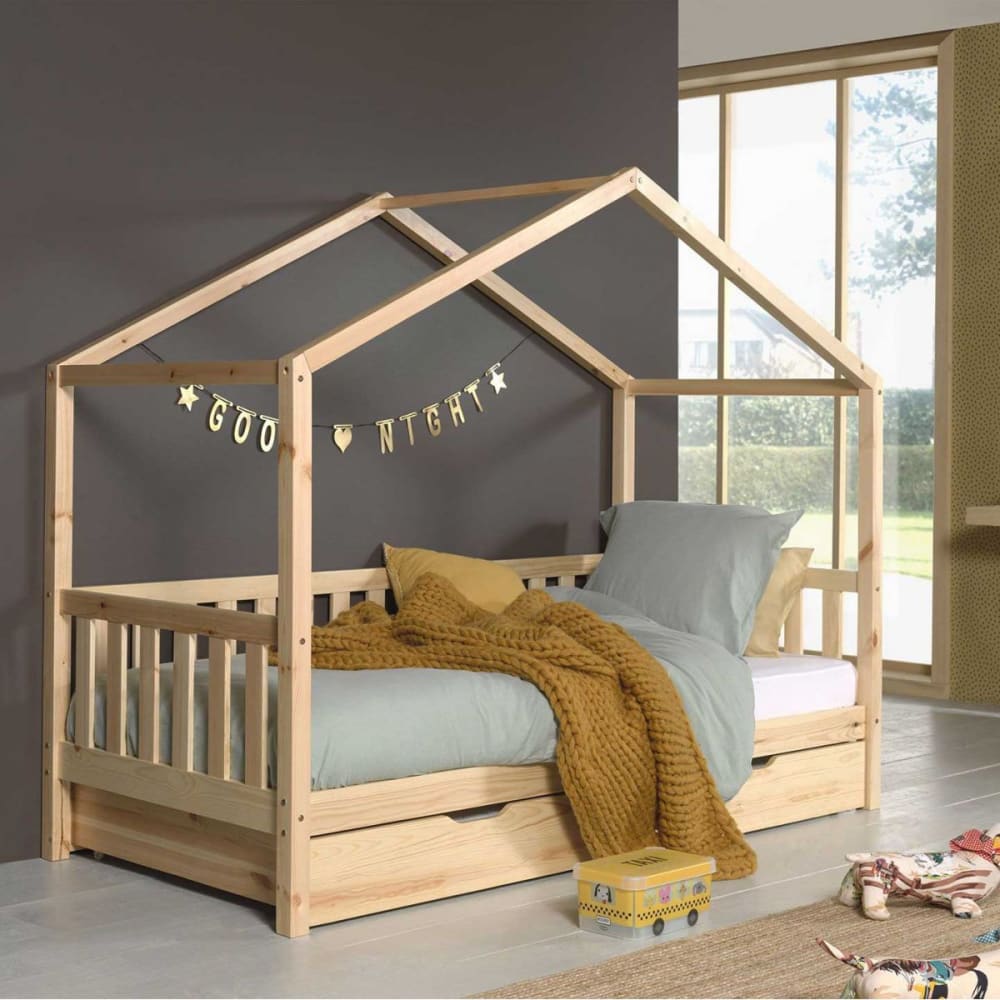 Lit maison à barrières 90x200cm pin naturel + tiroir - Maisons du Monde
