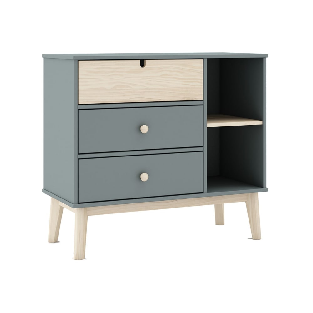 Commode 3 tiroirs 2 niches MDF et pin coloris gris vert et naturel