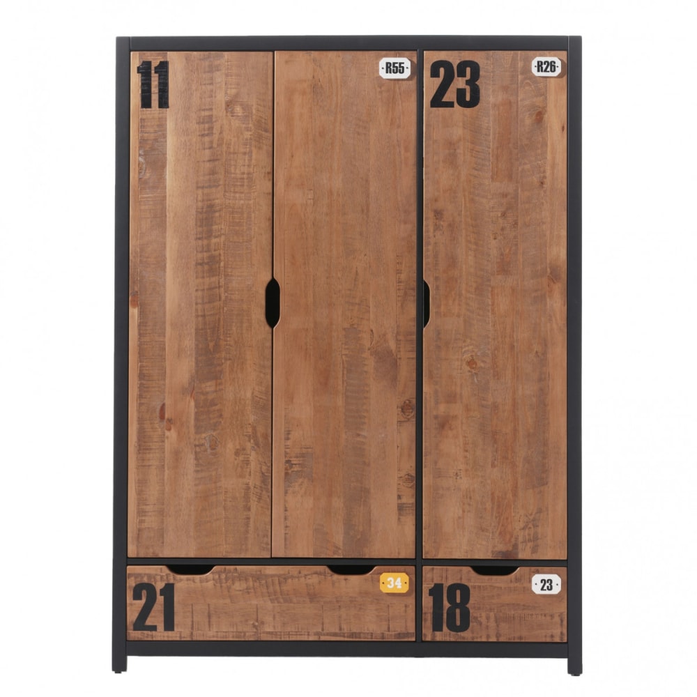 Armoire 3 portes 2 tiroirs en pin massif avec motifs