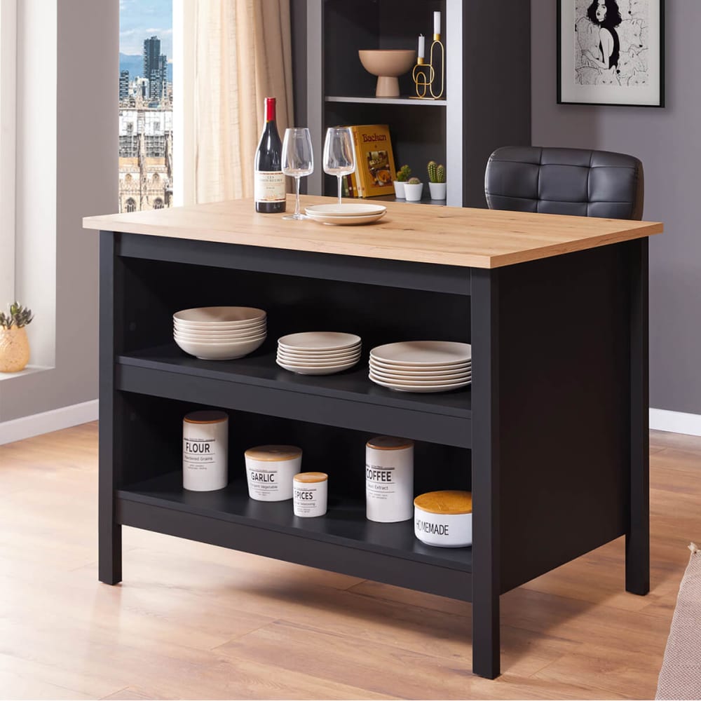 Ilot de cuisine noir et plateau effet bois - Maisons du Monde