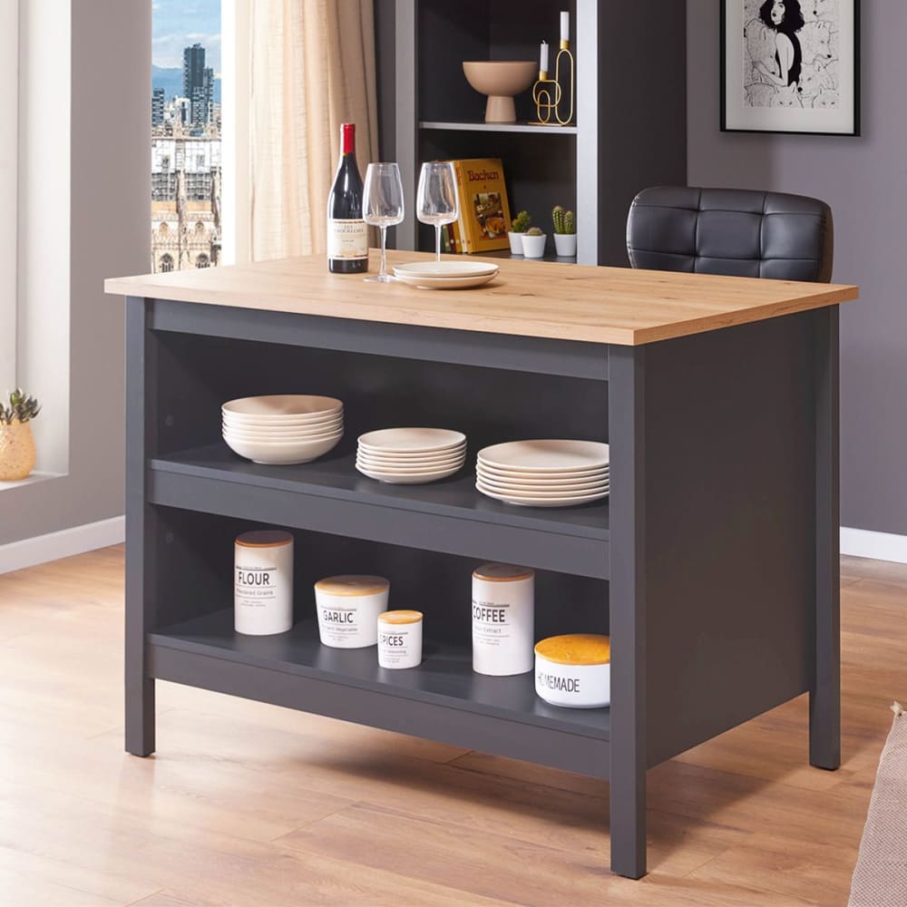 Ilot de cuisine anthracite et plateau effet bois