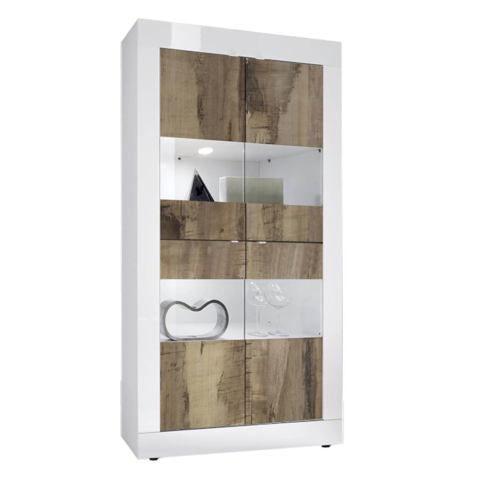 Vitrine 4 portes finition blanc laqué et aspect bois antik avec leds
