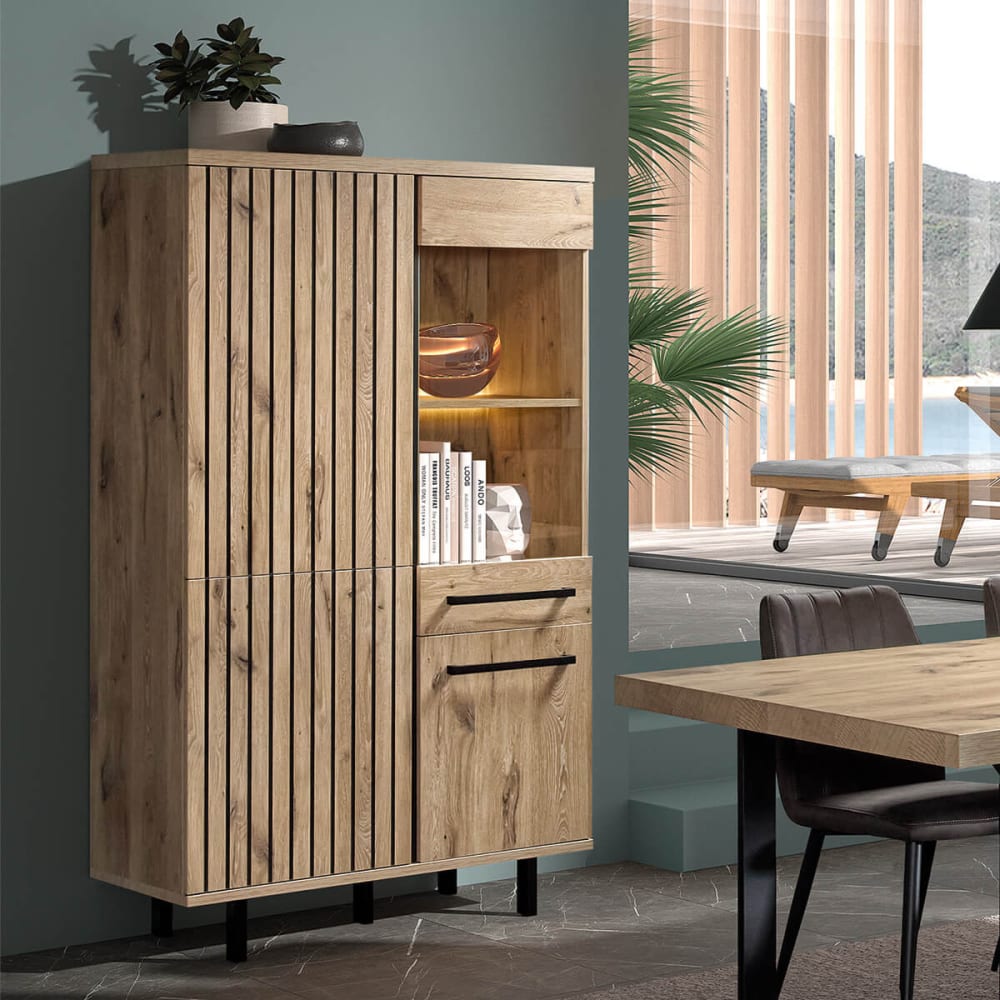 Argentier 4 portes 1 tiroir aspect bois canyon oak effet tasseaux