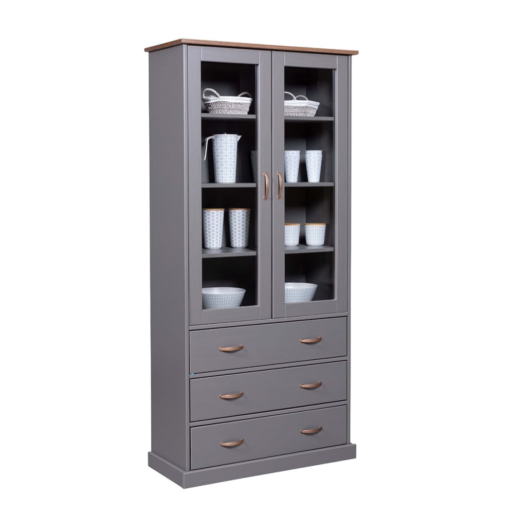 Vitrine 2 portes 3 tiroirs en MDF laqué gris foncé