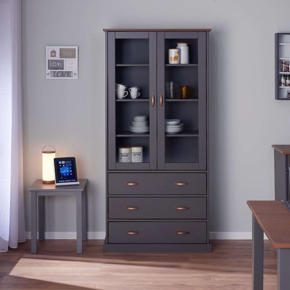 Vitrine 2 portes 3 tiroirs en mdf laqué gris foncé