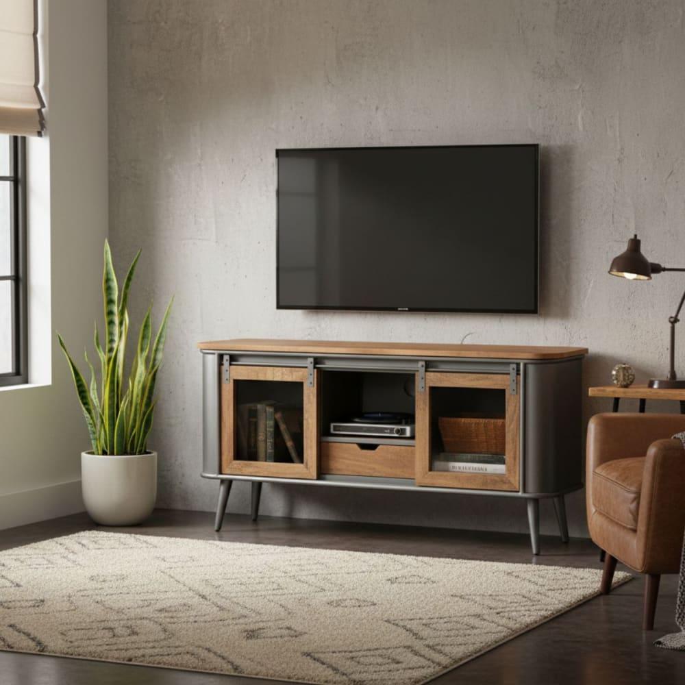 Meuble tv 2 portes bois et acier patiné - Maisons du Monde