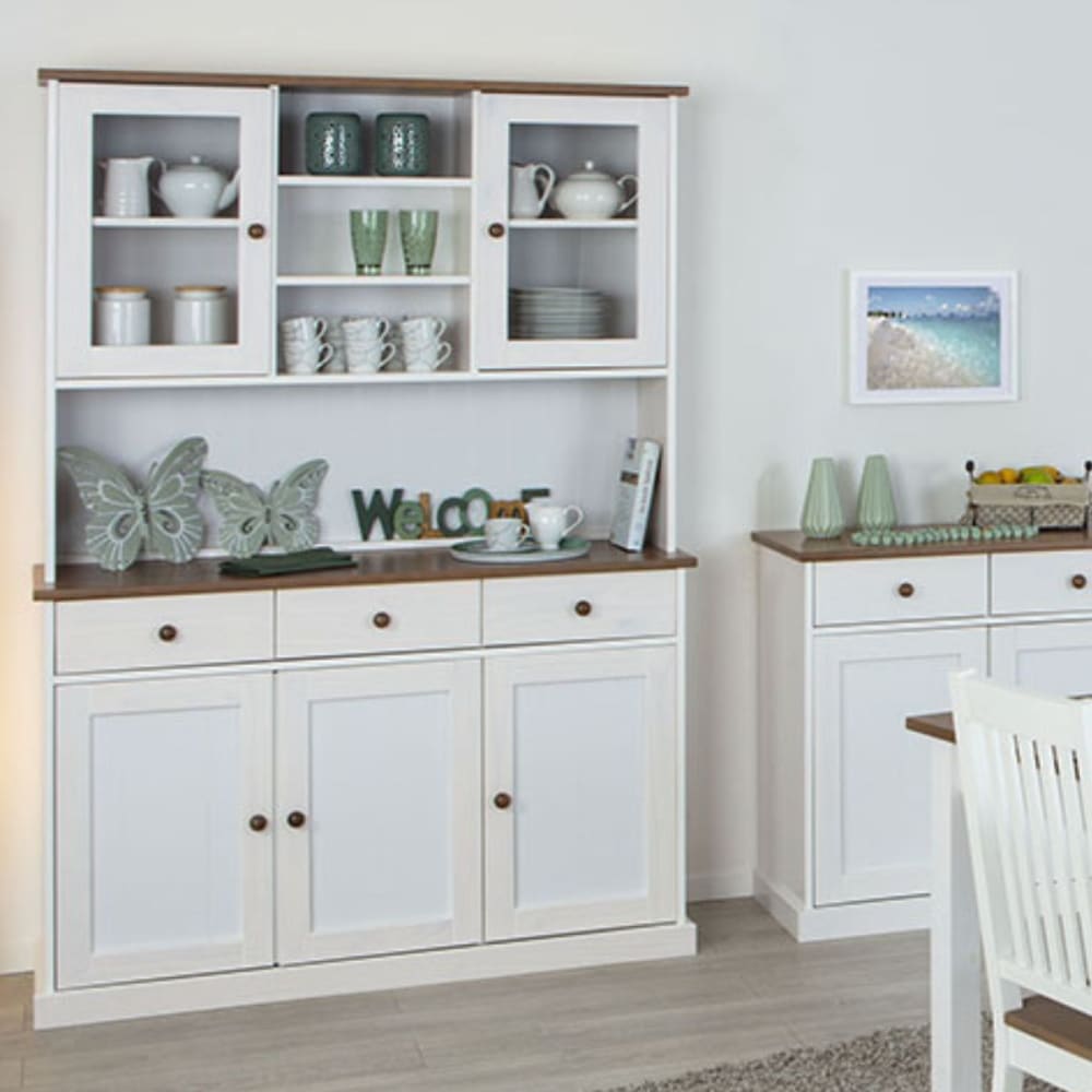 Vaisselier 5 portes 3 tiroirs en pin massif blanc