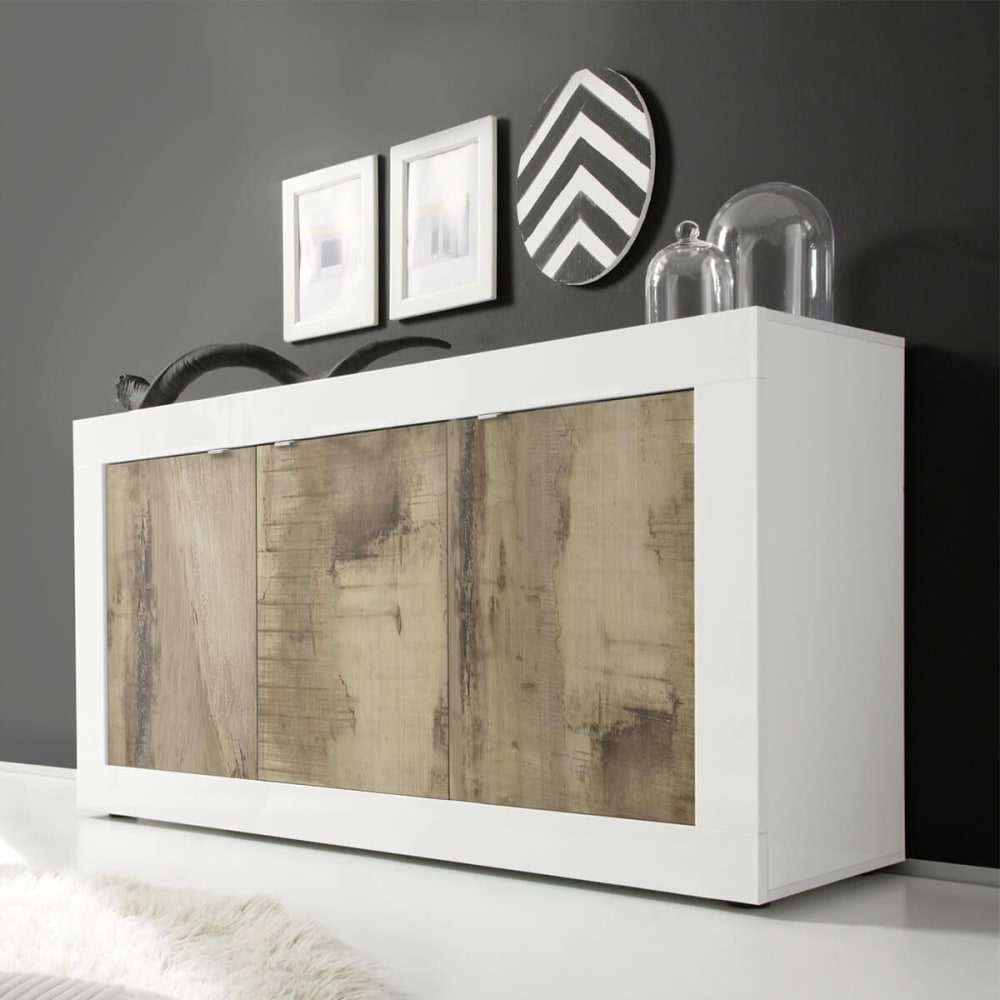 Buffet 3 portes finition blanc laqué et aspect bois antik - Maisons du Monde