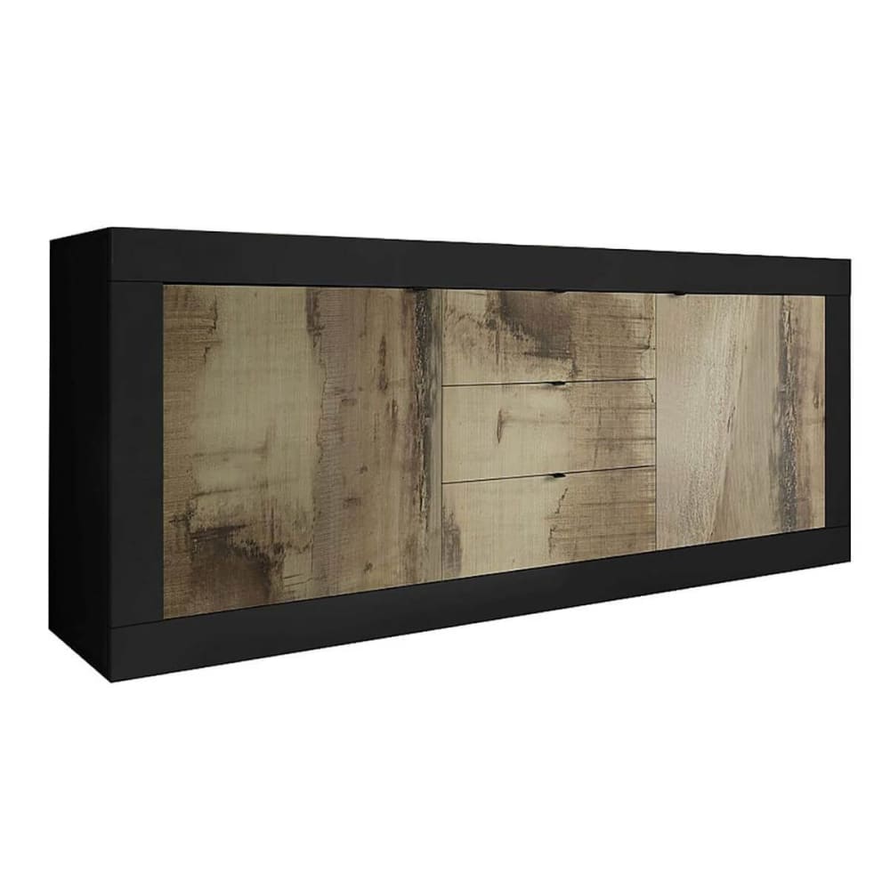 Buffet 2 portes 3 tiroirs finition noir mat et aspect bois antik
