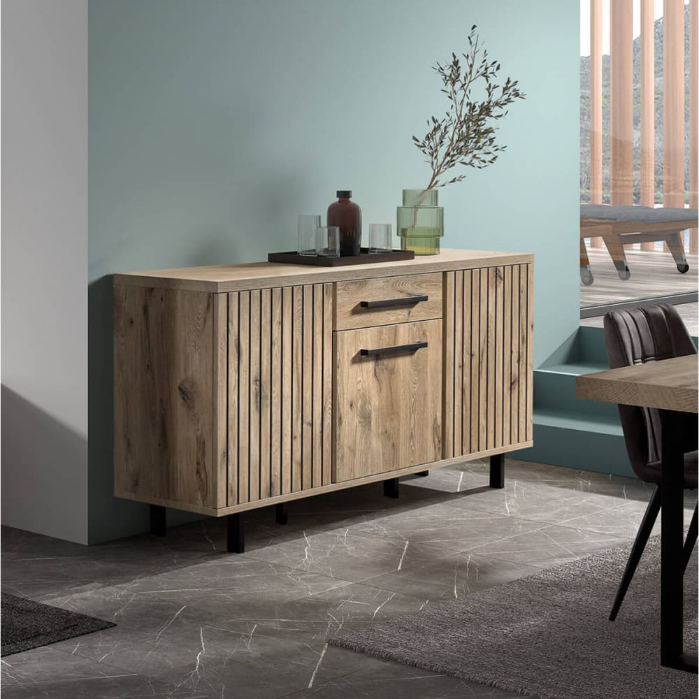 Buffet 3 portes 1 tiroir aspect bois canyon oak effet tasseaux