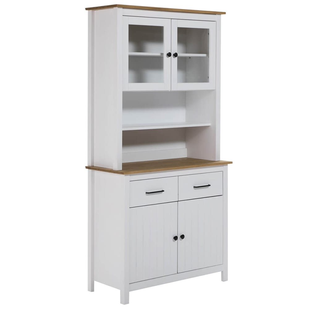 Buffet haut 4 portes 2 tiroirs bois ciré et blanc