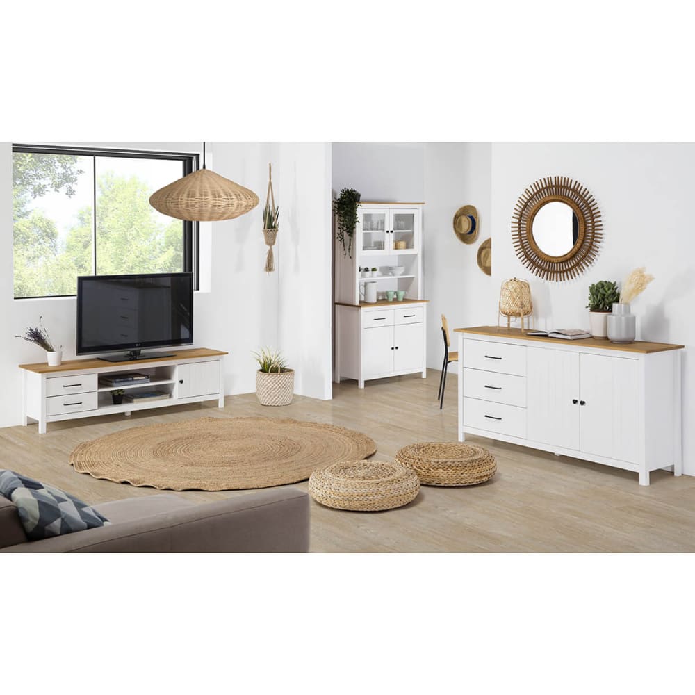 Buffet haut 4 portes 2 tiroirs bois ciré et blanc - Maisons du Monde