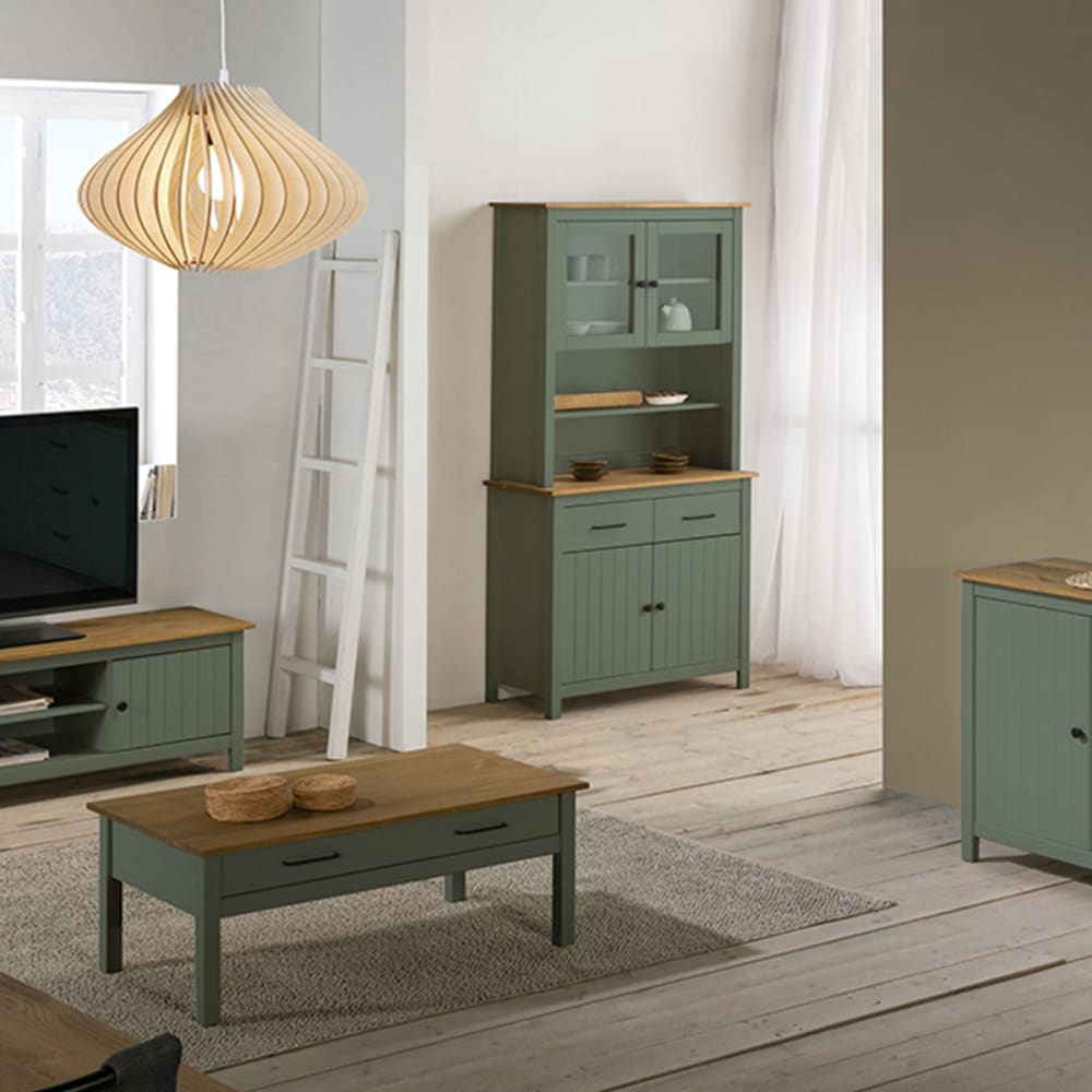 Buffet haut 4 portes 2 tiroirs bois ciré et vert - Maisons du Monde