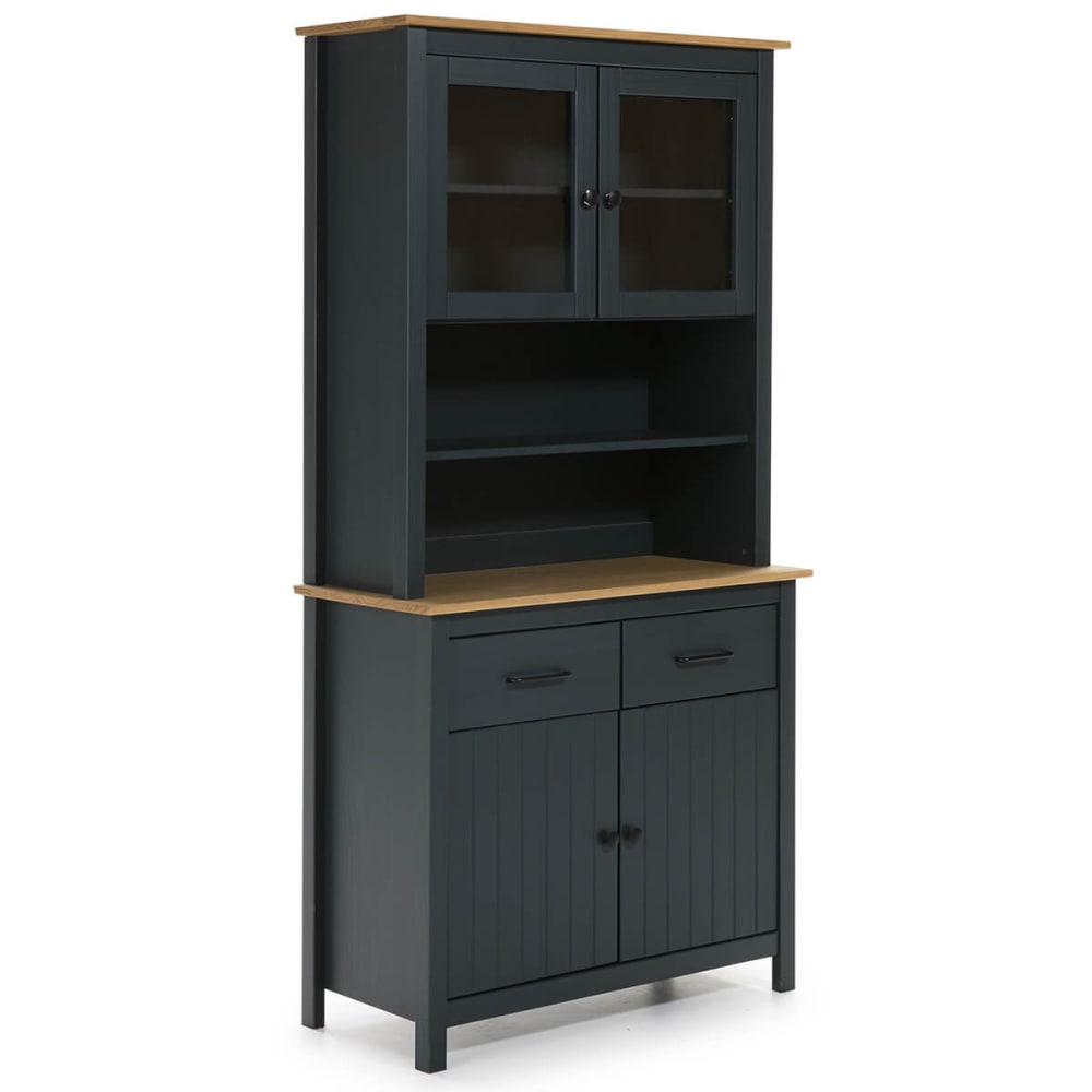 Buffet haut 4 portes 2 tiroirs bois ciré et bleu pétrole