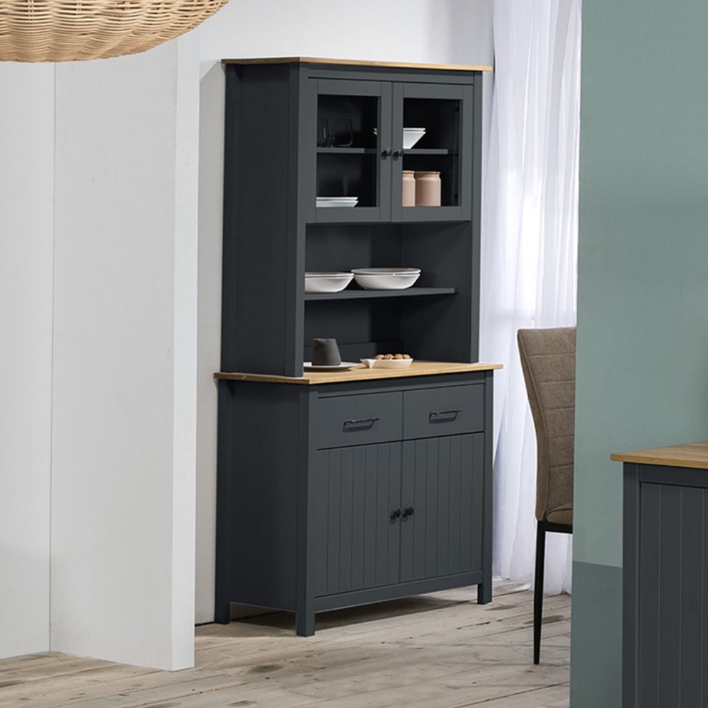 Buffet haut 4 portes 2 tiroirs bois ciré et bleu pétrole - Maisons du Monde