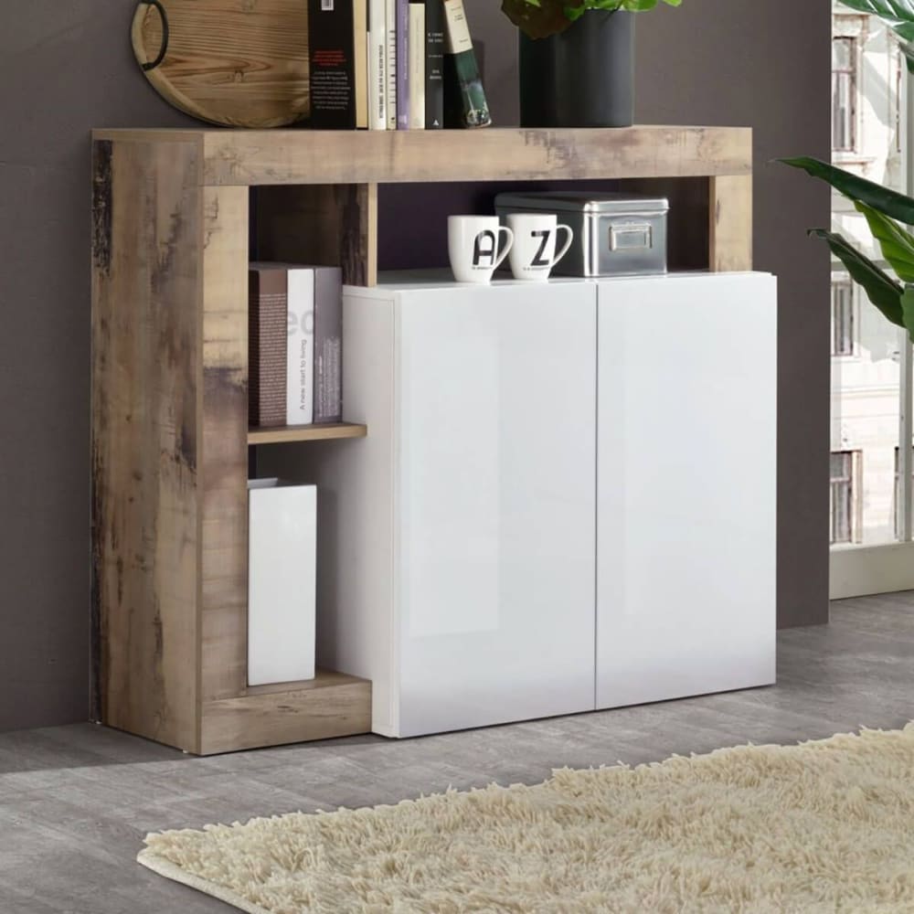 Buffet 2 portes blanc laqué avec niches aspect bois antik - Maisons du Monde