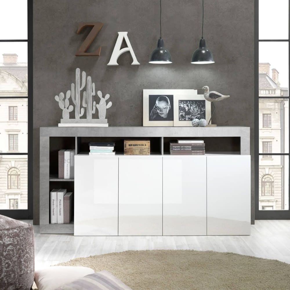 Buffet 4 portes blanc laqué avec niches aspect cimento - Maisons du Monde