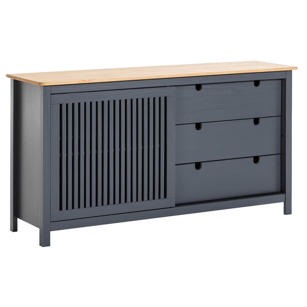 Buffet bas 3 tiroirs 1 porte coul. bois ciré et gris