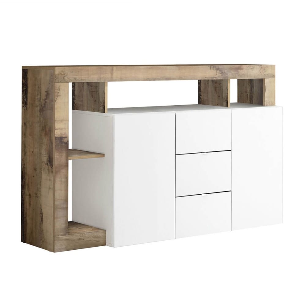 Buffet 2 portes 3 tiroirs blanc laqué avec niches aspect bois antik