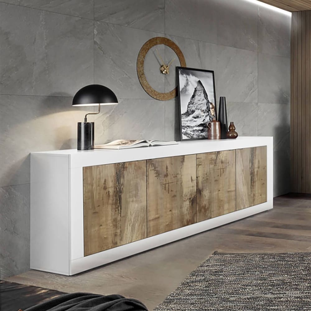 Buffet 4 portes finition blanc laqué et aspect bois antik - Maisons du Monde