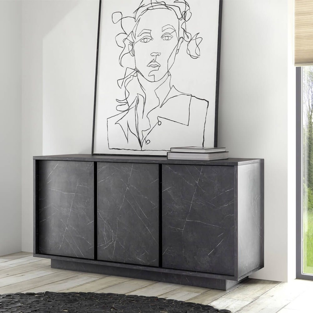 Buffet 3 portes aspect marbre gris anthracite - Maisons du Monde