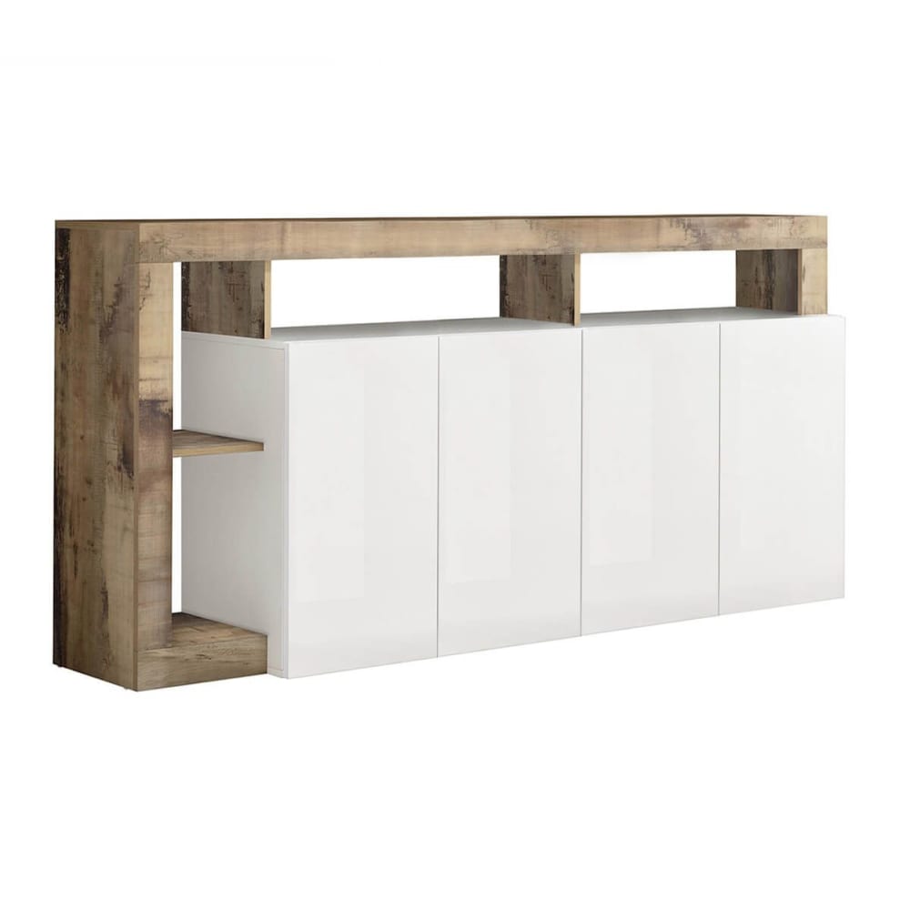 Buffet 4 portes blanc laqué avec niches aspect bois antik