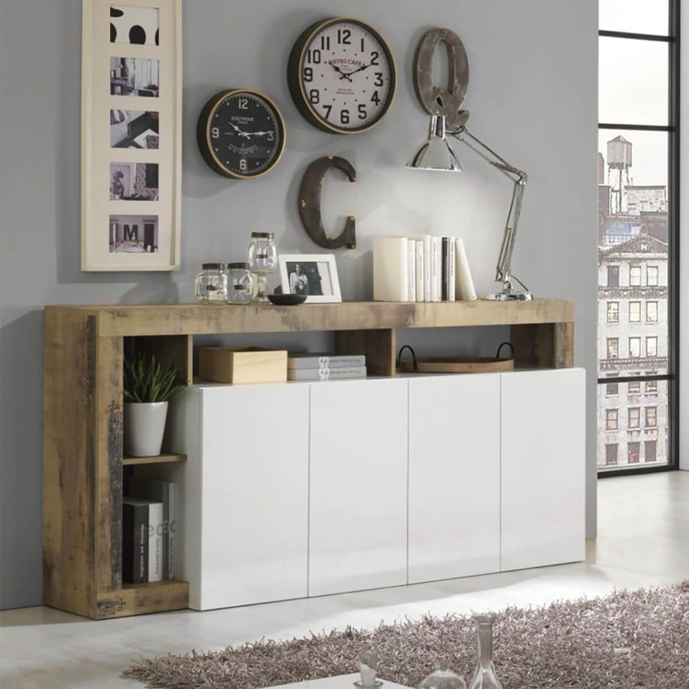 Buffet 4 portes blanc laqué avec niches aspect bois antik - Maisons du Monde
